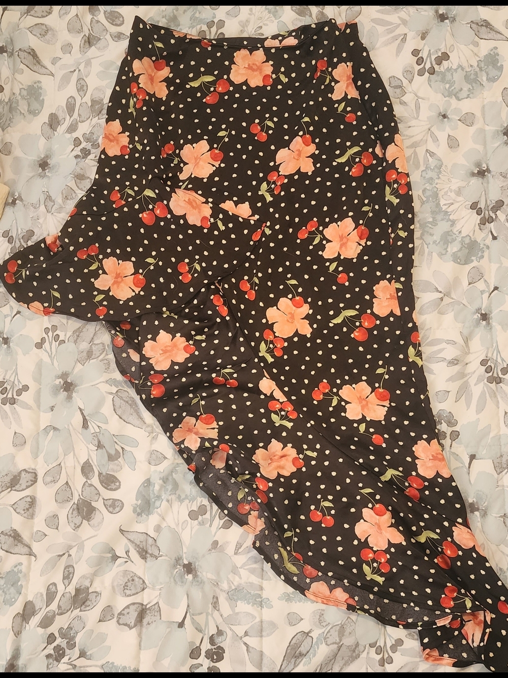 Forever 21 Black Asymmetrical Ruffle Skirt with Pink Floral and Red Cherry Print - Picture 2 of 5